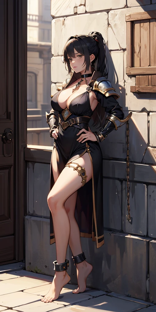 full body, barefoot, solo, female, big breast ,linen tunic, fantasy village, armor, Handcuffs on their hands, With a collar around the neck, hands on hips, slave, ((black choker, shackles on legs and arms))