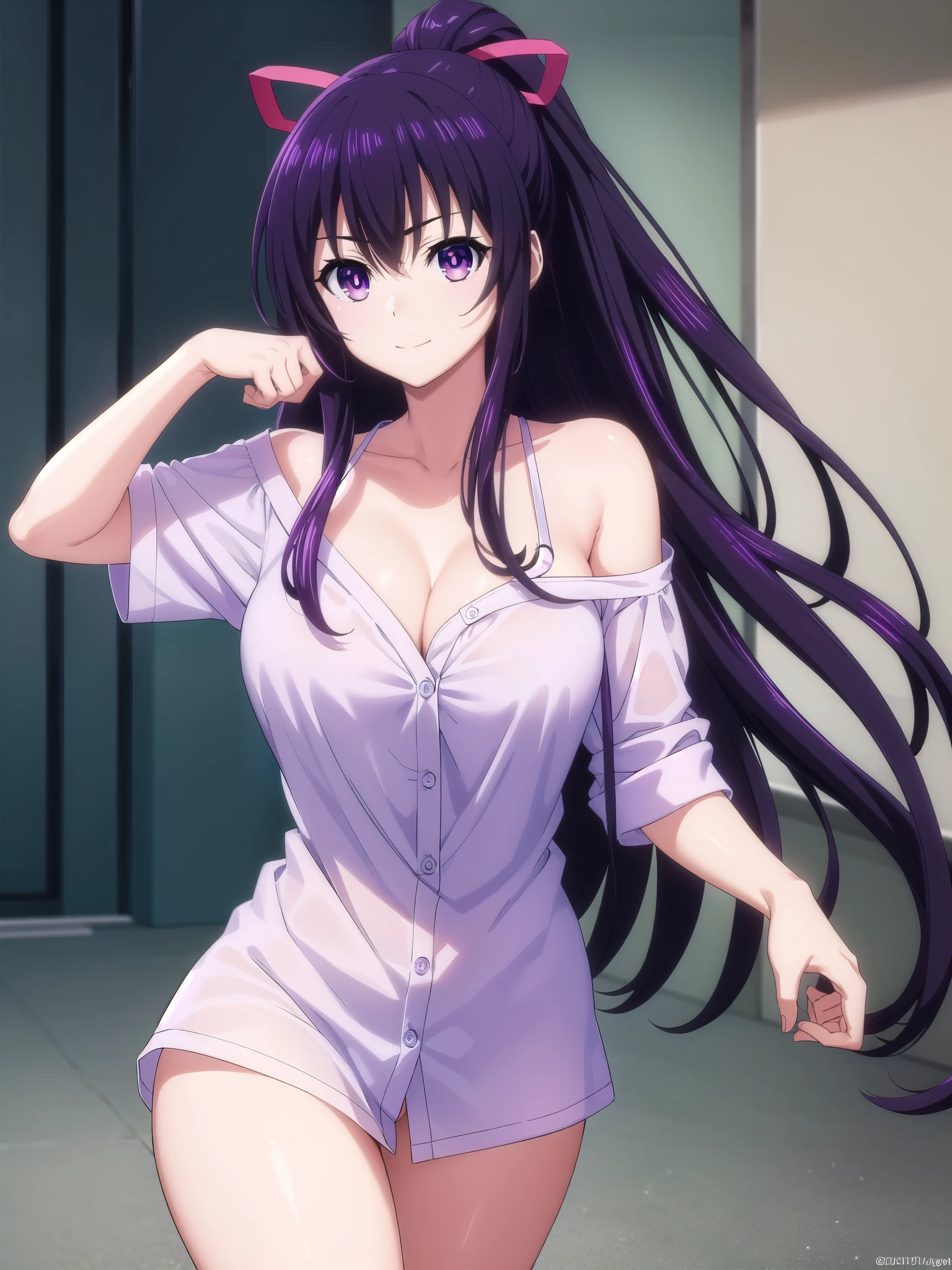 ​masterpiece、ighly detailed、(1 girl in:1.2)、purple color  hair、virgin killer strapless  open shoulder bra、big eye、、Naughty smile、8K 、Ai Hoshino、Live performance venue、Star、very sexy