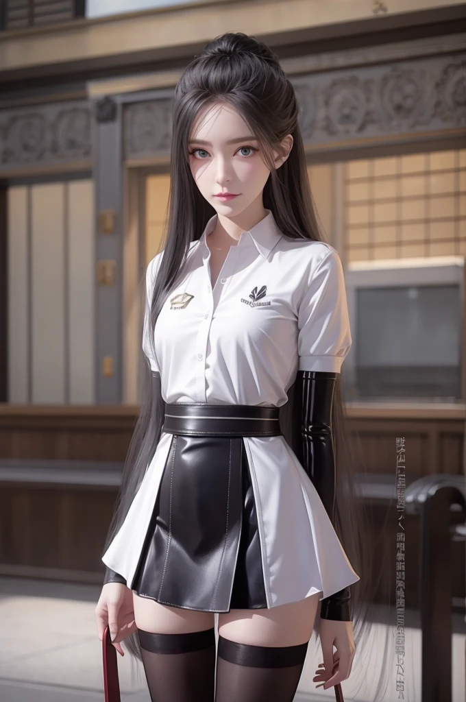 Arad woman posing for photo in short skirt and white shirt, Surrealism female students, Surrealism female students, Realistic , photorealistic anime girl rendering, thighhighs and skirt, 3 d anime realistic, small curvaceous , wearing skirt and high socks, Photorealistic anime, cute female student, Realistic anime 3 D style, female student