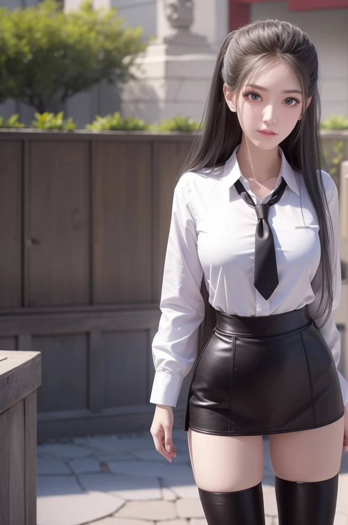 Arad woman posing for photo in short skirt and white shirt, Surrealism female students, Surrealism female students, Realistic , photorealistic anime girl rendering, thighhighs and skirt, 3 d anime realistic, small curvaceous , wearing skirt and high socks, Photorealistic anime, cute female student, Realistic anime 3 D style, female student