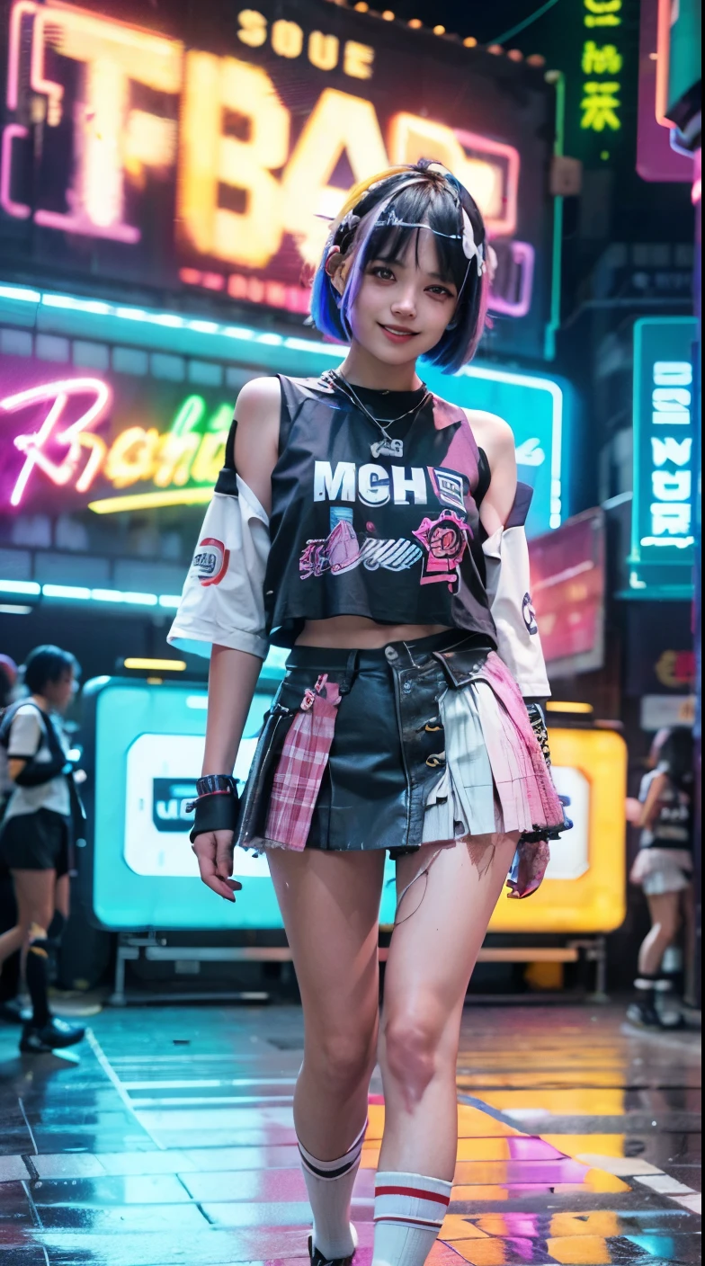 A colorful Bob cut haired punk girl, smooth white skin, innocent look, 15 years old, Ultra high res, uhd, (photorealistic:1.4), cyberpunk outfit, ripped shirt, wink, smiling ear to ear, neon lighting, wearing short skirt, colorful loose socks, full body shot, head to toe, fish eye lens, vogue pose, modelling,