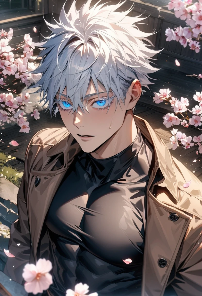 absurdres, highres, ultra detailed, HDR, masterpiece, extremely detailed face and eyes, Gojo Satoru, white hair with bangs, hair between the eyes, expressive blue eyes, white eyelashes, Jujutsu Kaisen, solo, sexy man, handsome, brown coat, black tight shirt, toned chest, spring, blossoms, petals, birds