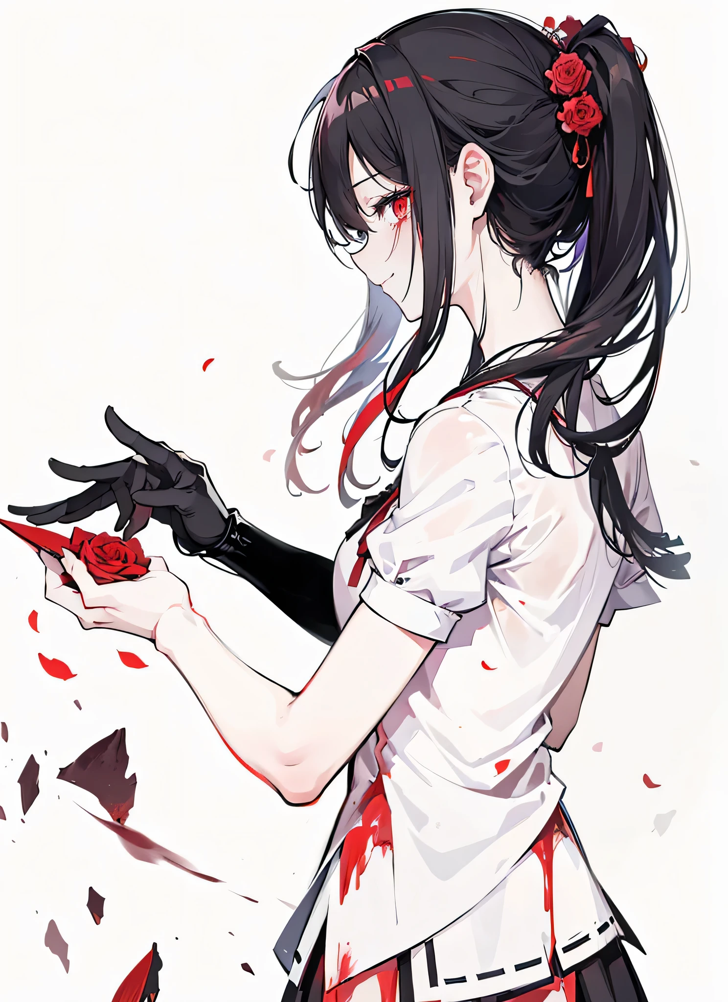 full body, girl with blood on her hands releasing a destroyed rose, an anime drawing by Jin Homura, shin hanga, gapmoe yandere, yandere, yandere. tall, gapmoe yandere grimdark, intricate yandere, gapmoe yandere grimdark portrait, extending her arm, smiling madly.