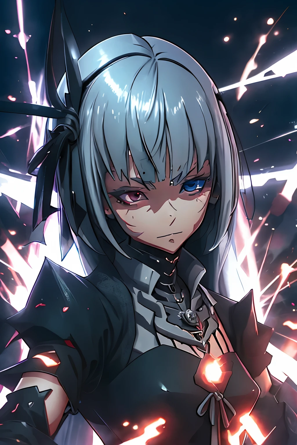 (best quality,highres:1.2), detailed fantasy art, serious expression, robot-like eyes, fighting stance, luminous valentine, tensei shitara slime datta ken, el cabello es plateado, postura de lucha, cuerpo completo, red lens flare, It&#39;s night and there is black lightning in the sky, 