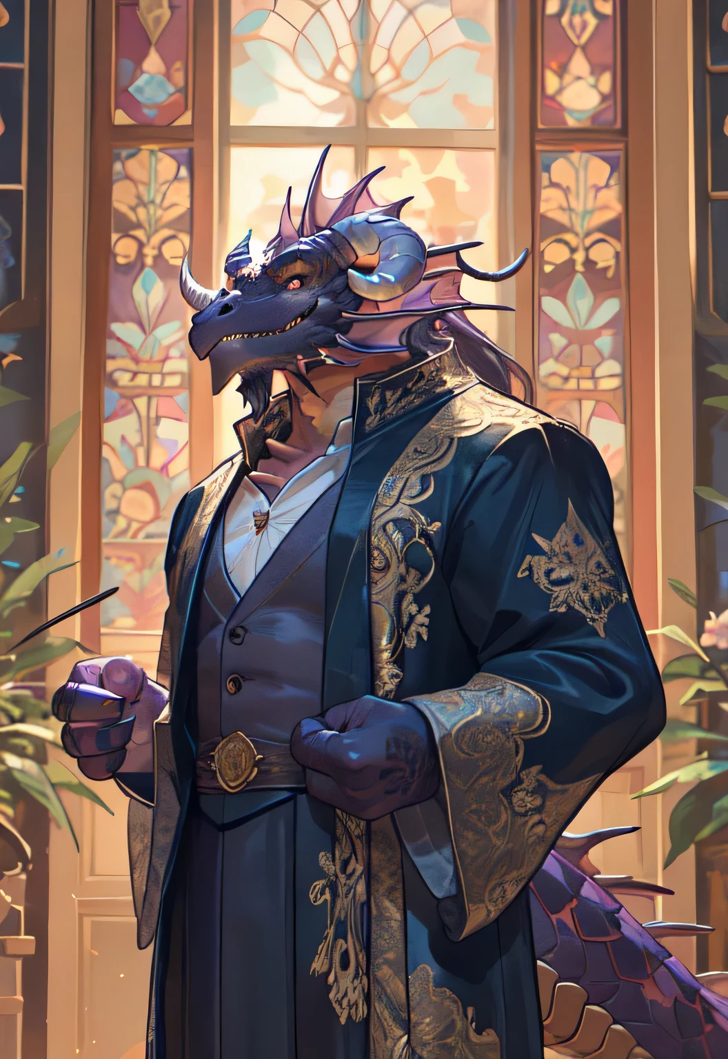 Anthropomorphic female dragon, woman,She is adorned with luxurious lace underwear, Highlight his muscular body and sharp claws. Wrap his body tightly, Showing the outline of the chest, abdomen, and weapons, Stretch and Elegance, Delicate lace pattern glitters in the light、dance to tune. dragon&#39;Tail, Long-lasting and powerful, In sharp contrast to the gorgeous clothing. She has a gold nipple ring，Connected with a delicate chain, Drawing attention to his protruding chest，Emphasize her charming womanhood. dragon&#39;Eyes are attractive, Full of confidence and, Highlight underwear and decorative embellishments. The background of this photo is a luxurious bedroom, Equipped with luxurious furniture and soft, Create an atmosphere of indulgence and sensuality.