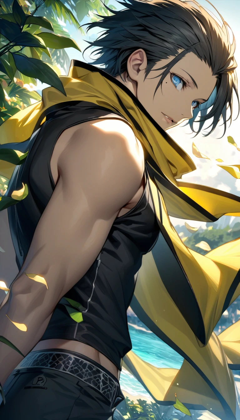 Ultra detailed, Highres, absurdres, HDR, Mochizuki Ryouji, black swept back hair, blue eyes, mole under his eye, Persona 3, yellow scarf with black patterns, green leaves, summer, flowers and petals, handsome, sexy man, black pants, solo