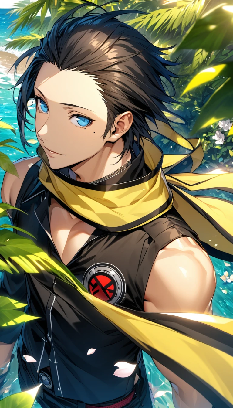 Ultra detailed, Highres, absurdres, HDR, Mochizuki Ryouji, black swept back hair, blue eyes, mole under his eye, Persona 3, yellow scarf with black patterns, green leaves, summer, flowers and petals, handsome, sexy man, black pants, solo