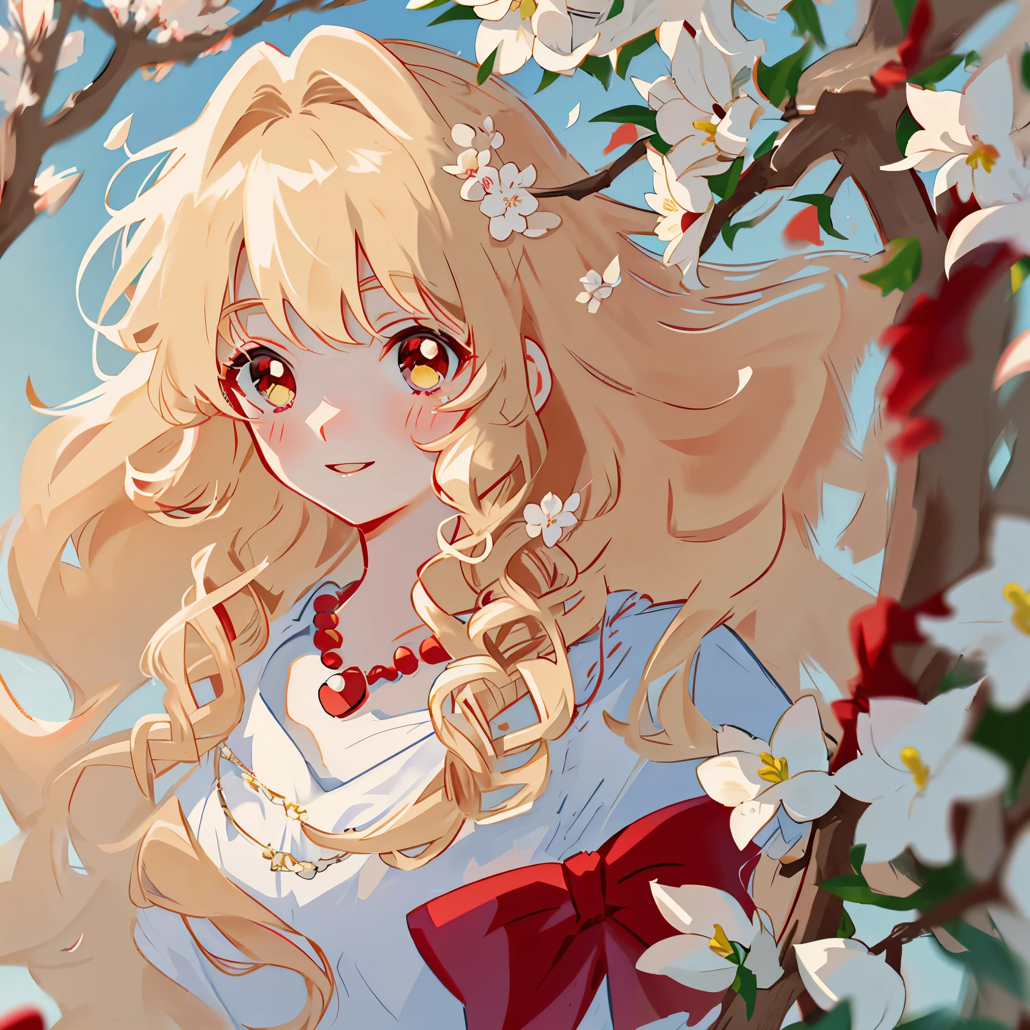 red bow, blond hair, anime, ghibli, anime style, close up, from side, first-person perspective, 8k, super detail, masterpiece, high quality, high resolution, high detail, white background, face detail, happiness, curly hair, bouquet holding magnolia flowers, necklace, long hair, HD quality,