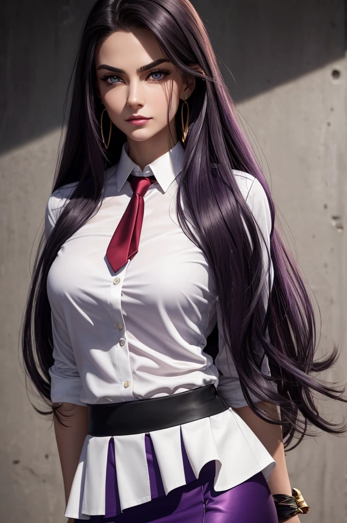 photorealistic , realism , 8k , 1.4 Official art,ultra - detailed , best quality ,(in class), long, flowing hair that reaches down her back. Her hair color may be dark, such as black or deep purple matching her eyes , vibrant purple eyes. they are often depicted with a slightly predatory and intense gaze ,Her eyebrows are dark color, well-defined, adding to her fierce and determined expression , nose slender and fits harmoniously into her facial structure, full dark purplish color lips in a subtle, confident smirk , evil smile , oval gold earrings , average height , slender yet athletic body shape ,( , white shirt , red tie and blue skirt ) ,unique tattoos or markings on her arms , a more 30 year old looks