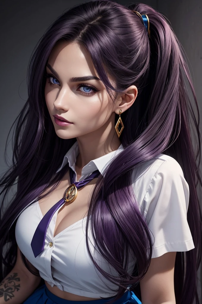 photorealistic , realism , 8k , 1.4 Official art,ultra - detailed , best quality ,(in class), long, flowing hair that reaches down her back. Her hair color may be dark, such as black or deep purple matching her eyes , vibrant purple eyes. they are often depicted with a slightly predatory and intense gaze ,Her eyebrows are dark color, well-defined, adding to her fierce and determined expression , nose slender and fits harmoniously into her facial structure, full dark purplish color lips in a subtle, confident smirk , evil smile , oval gold earrings , average height , slender yet athletic body shape ,( , white shirt , red tie and blue skirt ) ,unique tattoos or markings on her arms , a more 30 year old looks