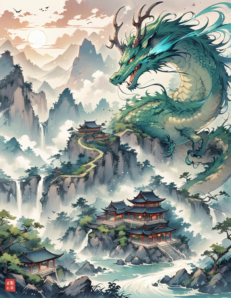 Imagine a traditional Chinese dragon, coiled and powerful, soaring through the skies amid ethereal wisps of cloud and the glowing, setting sun. The scales of the dragon are a beautiful blend of emerald green and cobalt blue, with golden eyes emitting an aura of wisdom and dignity. Its horns are like twisted antlers, set majestically upon its head. Below the dragon, a breathtaking Chinese landscape unfurls with sprawling rice terraces, serene mountain ranges, antiquated temples, and tranquil lakes. Try to capture the mystical essence and rich symbolism of Chinese culture in this harmonious scene.