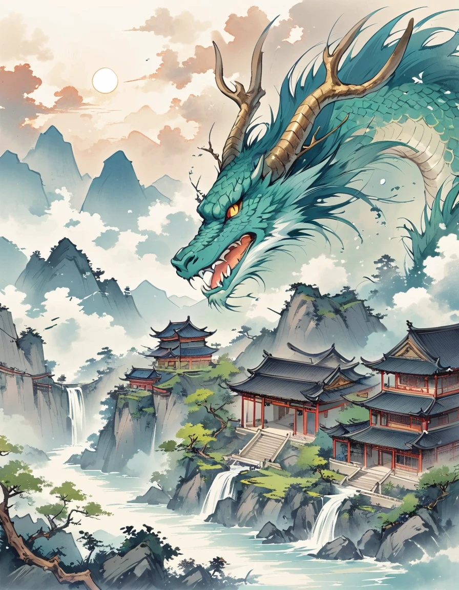 Imagine a traditional Chinese dragon, coiled and powerful, soaring through the skies amid ethereal wisps of cloud and the glowing, setting sun. The scales of the dragon are a beautiful blend of emerald green and cobalt blue, with golden eyes emitting an aura of wisdom and dignity. Its horns are like twisted antlers, set majestically upon its head. Below the dragon, a breathtaking Chinese landscape unfurls with sprawling rice terraces, serene mountain ranges, antiquated temples, and tranquil lakes. Try to capture the mystical essence and rich symbolism of Chinese culture in this harmonious scene.