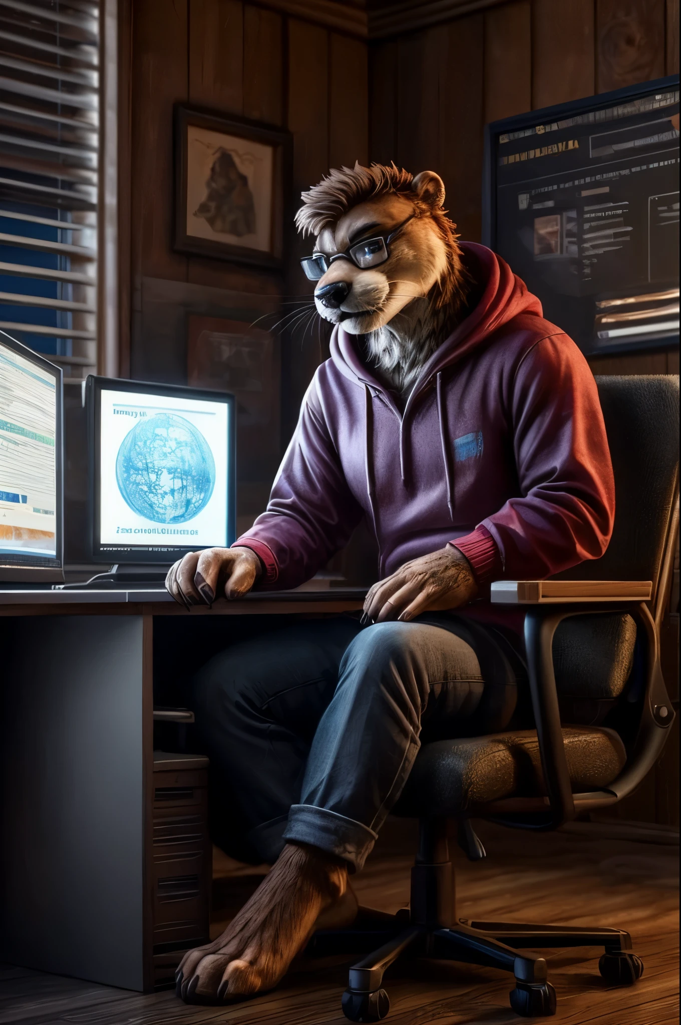 (((Barefoot furry character, full body, cinematic setting, furry male, plantigrade))) 

computer class scene with a tech-savvy otter ((teacher)) wearing a hoodie and glasses, sitting at a computer desk surrounded by monitors and circuit boards. This otter represents the evil embodiment of ICT as a school subject, depicting stereotypes and prejudices towards ICT teachers.

BREAK, detailed background, 8K, (masterpiece:1.5), intricate details, highly detailed, extreme detail, octane render, fine art, best quality, highres, (detailed face:1.5), ((full_body)), UHD, (((perfect hands))), low light