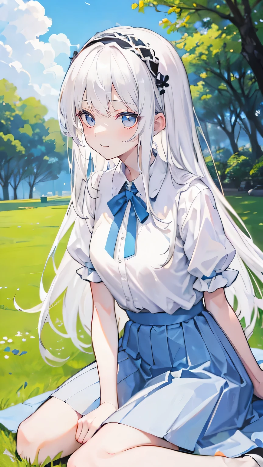 White hair,Long hair,Bangs,Bangs neatly,Hairband,Gray eyes,girl,cute,laughing expression,Happy and happy expression,White shirt,skirt,Sit on the ground and play,whole body,Don't show your arms,The background is a lawn,Blue sky and white clouds