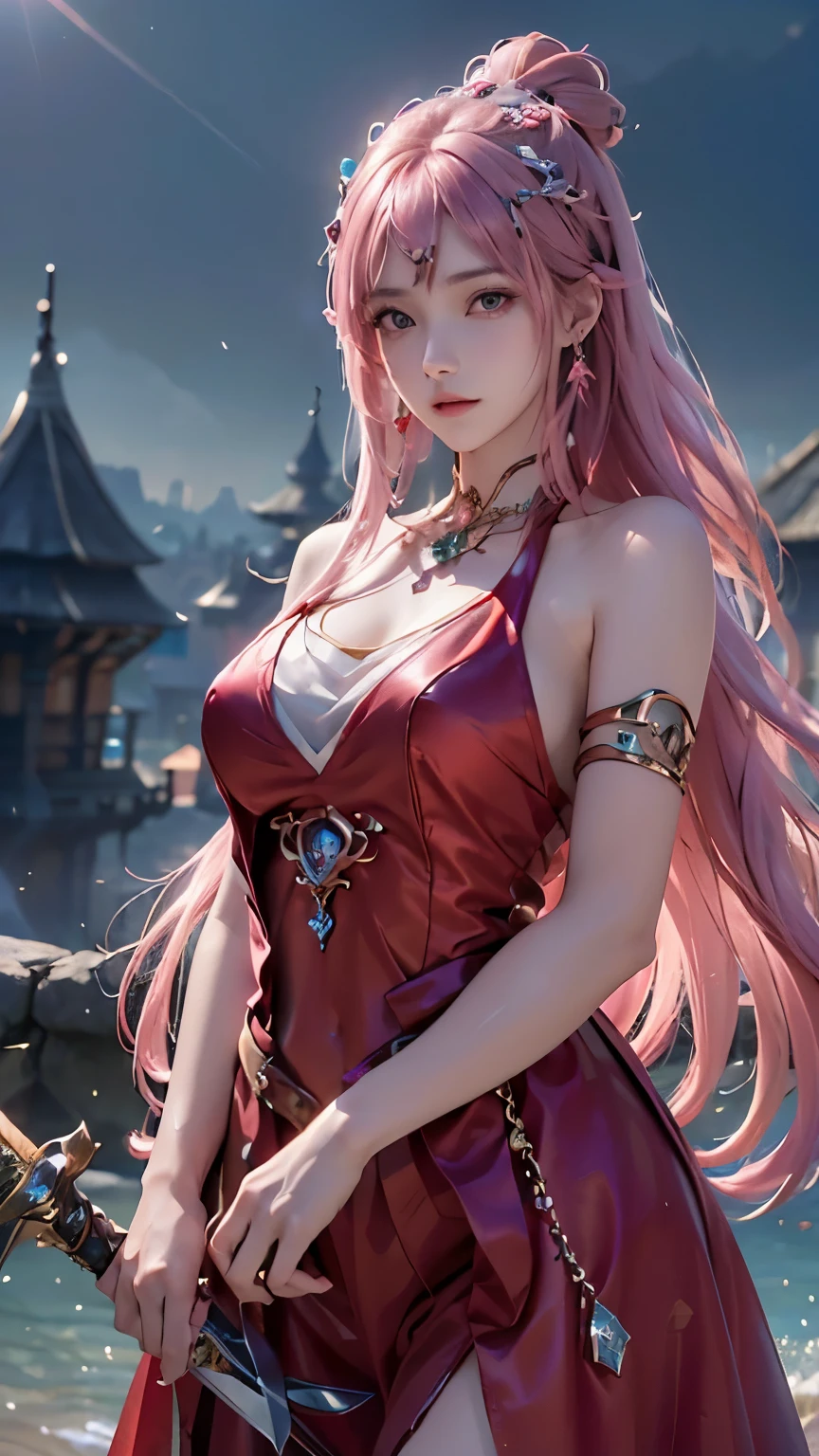 (logo、masterpiece、8k、Tabletop、RAW Photos、wonderful、最high quality、フォトリアルでVery detailedなCG統合8k壁紙、high quality、Very detailed、Narrative poem、Particle Effects、Dynamic Effects、Depth of text、Cinematic Light、Lens flare、Ray Tracing）、Fantasy、（One girl, arms, sword, Long Hair, dress, water, alone, jewelry, red dress, Earrings, hair ornaments, waterしぶき, Ultra-realistic upper body, Hair Bun, Pink Hair, Realistic city background, Lighting,Frank