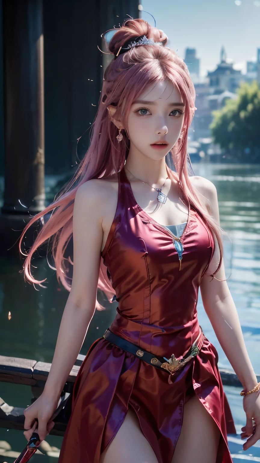(logo、masterpiece、8k、Tabletop、RAW Photos、wonderful、最high quality、フォトリアルでVery detailedなCG統合8k壁紙、high quality、Very detailed、Narrative poem、Particle Effects、Dynamic Effects、Depth of text、Cinematic Light、Lens flare、Ray Tracing）、Fantasy、（One girl, arms, sword, Long Hair, dress, water, alone, jewelry, red dress, Earrings, hair ornaments, waterしぶき, Ultra-realistic upper body, Hair Bun, Pink Hair, Realistic city background, Lighting,Frank