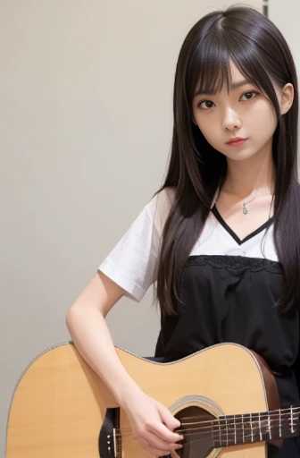 best quality, detailed, beautiful, insanely detailed, absurdres,perfect anatomy, Japanese woman,black hair,27 years old, (slender), (small breasts best quality),akiyama_mio,long straight hair,2010s,sketch,k-on,Sakuragaoka High , (Live performance in progress:1.2), whole body, guitar,