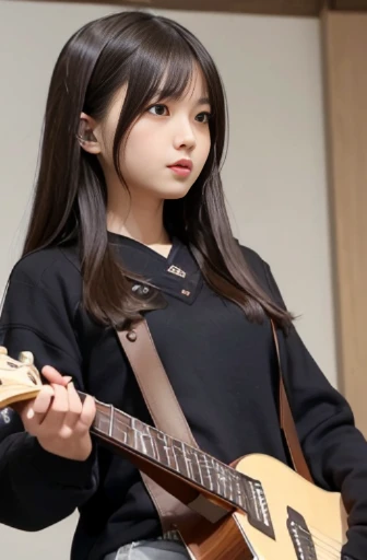 best quality, detailed, beautiful, insanely detailed, absurdres,perfect anatomy, Japanese woman,black hair,27 years old, (slender), (small breasts best quality),akiyama_mio,long straight hair,2010s,sketch,k-on,Sakuragaoka High , (Live performance in progress:1.2), whole body, guitar,