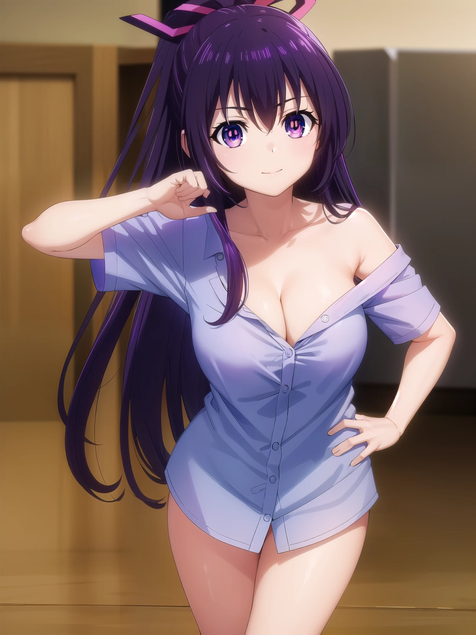 tohkayatogami, tohka yatogami casual, long hair, purple hair, alluringly smile , button up shirt, off shoulder , cleavage, nipples,denim, (purple eyes:1.1), hair ribbon, ponytail, purple hair, white ribbon, g cup breasts, bewitched thighs, slender waist, plump butt ,
BREAK ,
BREAK indoors, alone, 
BREAK looking at viewer, standing, bow , hand on cheeks, winking, stick out tougue, 
BREAK (masterpiece:1.2), best quality, high resolution, unity 8k wallpaper, (illustration:0.8), (beautiful detailed eyes:1.6), extremely detailed face, perfect lighting, extremely detailed CG, (perfect hands, perfect anatomy),