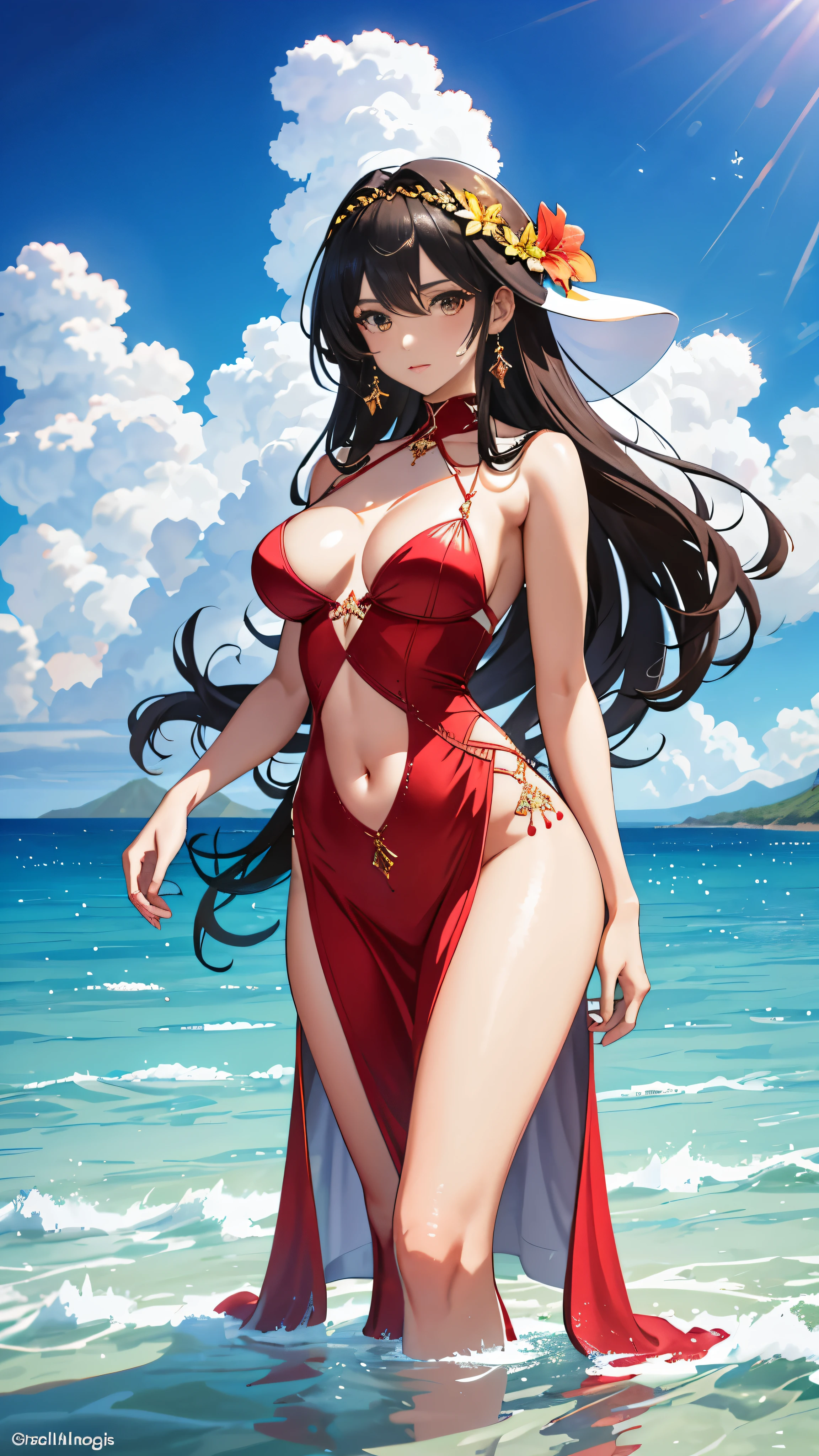 A mesmerizing image of Hawaii's Diamond Head under a dazzling ultra-detailed HD sky. The crystal clear water reflects the majestic grandeur of the iconic volcanic landmark, with golden sunlight shining through the clouds, casting complex shadows on its textured surface. In the foreground, a beautiful woman in a red dress is seated on the soft, powdery sand. The red fabric billows gently in the breeze, revealing the curve of her slender waist and her long, lean legs. Her dark, luscious curls cascade down her back, framing her delicate features and her expressive, deep-set brown eyes. The intricate details of her dress and the lush fol