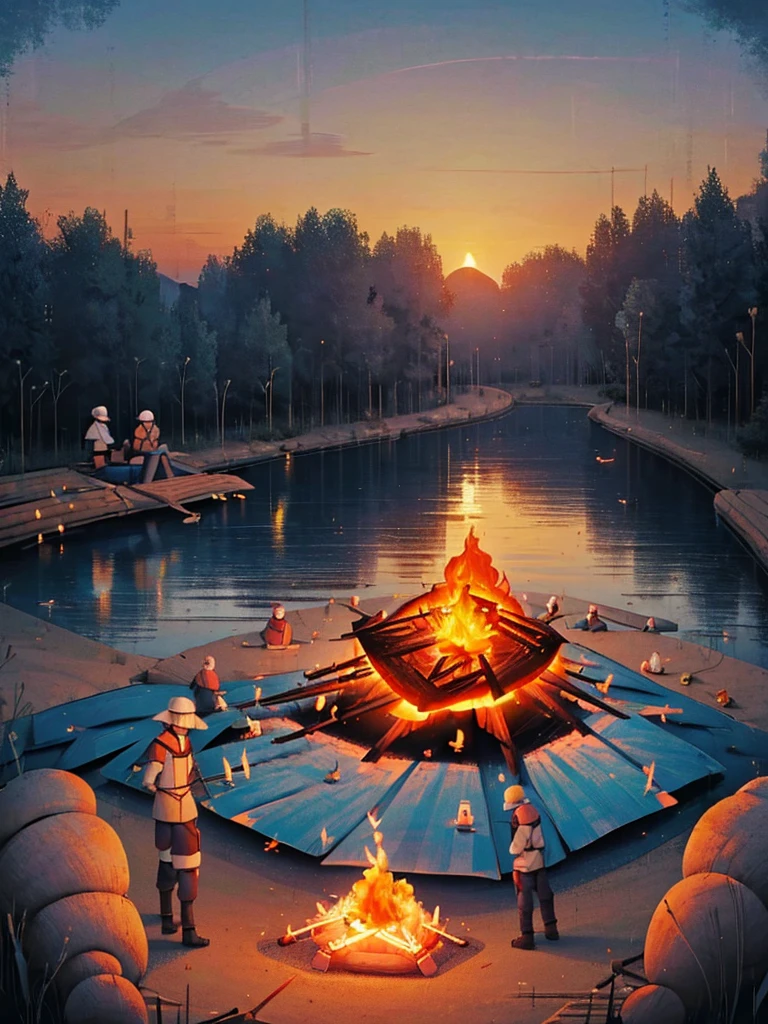 ((campfire at sunset, fishermen on the bank of a river, logs surrounding the campfire:1.7)), the best possible quality, Ultra resolution 8k, Impressive illustration, The best of everything, award-winning, how to be the best, Adds effect to the final, epic desert environment: 1.5, photorealistic: 1.4, skin texture: 1.4, super masterpiece, super detailed, hyper detailed, 32K