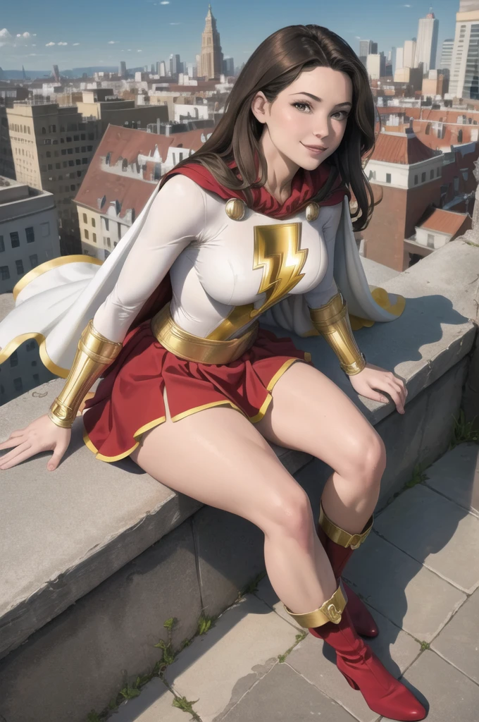 masterpiece, best quality,  mary marvel, white cape, red dress, red skirt, long sleeves, bracer, large breasts, smile, looking at viewer, cityscape, rooftop, smile, yellow boots, sitting