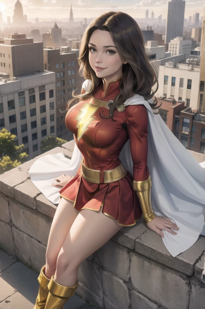 masterpiece, best quality,  mary marvel, white cape, red dress, red skirt, long sleeves, bracer, large breasts, smile, looking at viewer, cityscape, rooftop, smile, yellow boots, sitting