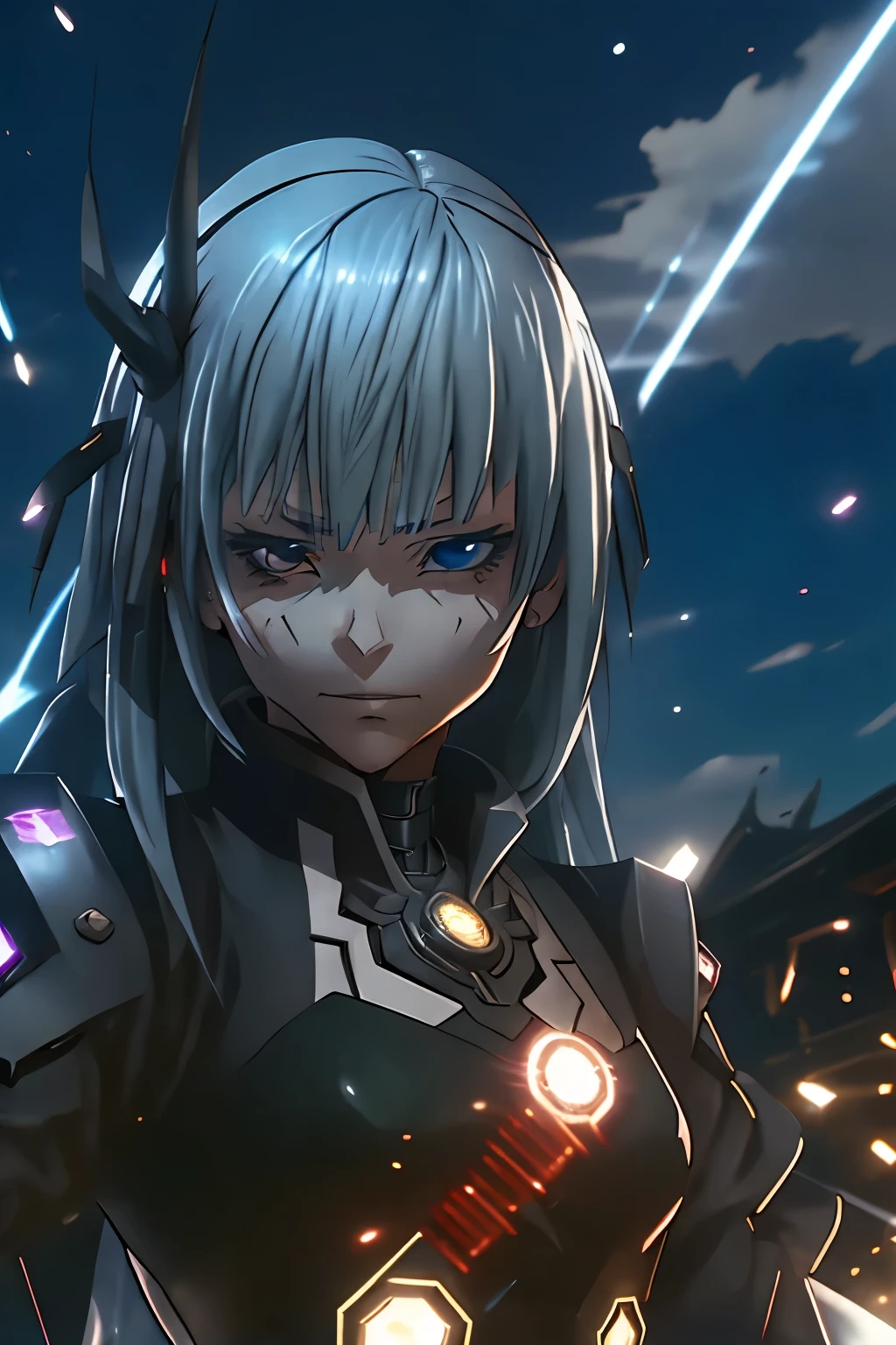 (best quality,highres:1.2), detailed fantasy art, serious expression, robot-like eyes, fighting stance, luminous valentine, tensei shitara slime datta ken, el cabello es plateado, postura de lucha, cuerpo completo, red lens flare, It&#39;s night and there is black lightning in the sky,