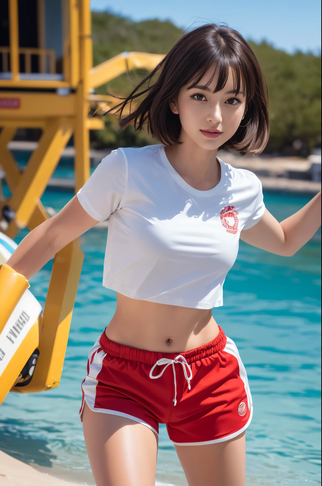 ultra highres,(reality: 1.4),highest quality, masterpiece, high detail, 16K quality, beautiful, 1 beautiful girl,japanese,super beautiful face,baby face,japanese idol face,cute face,super detailed face,detailed hand,beautiful skin,sweaty skin,big eyes,big smile,profeccional lighting,medium hair, black hair,brown beautiful eyes, gym uniform,school gym buruma,(red buruma), white shirt, short sleeves, standing,spread legs,medium breasts,high socks,she is looking at the camera,pool side,blue sky,nsfw,from front,