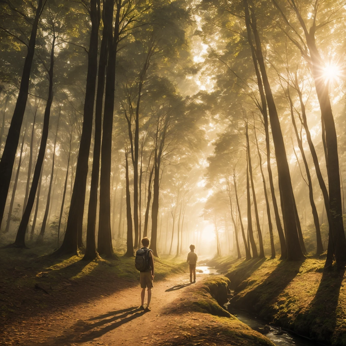 masterpiece, Best quality at best, 1 boy traveler attire,walking in the woods,wide shot,(river flows),foggy forest,(under the big trees),sun shadow.,sunset ,beautiful sky