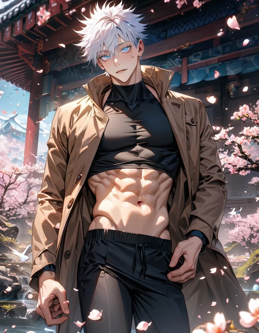 absurdres, highres, ultra detailed, HDR, masterpiece, extremely detailed face and eyes, Gojo Satoru, white hair with bangs, hair between the eyes, expressive blue eyes, white eyelashes, Jujutsu Kaisen, solo, sexy man, handsome, brown coat, black tight shirt, toned chest, black pants, spring, blossoms, petals, birds