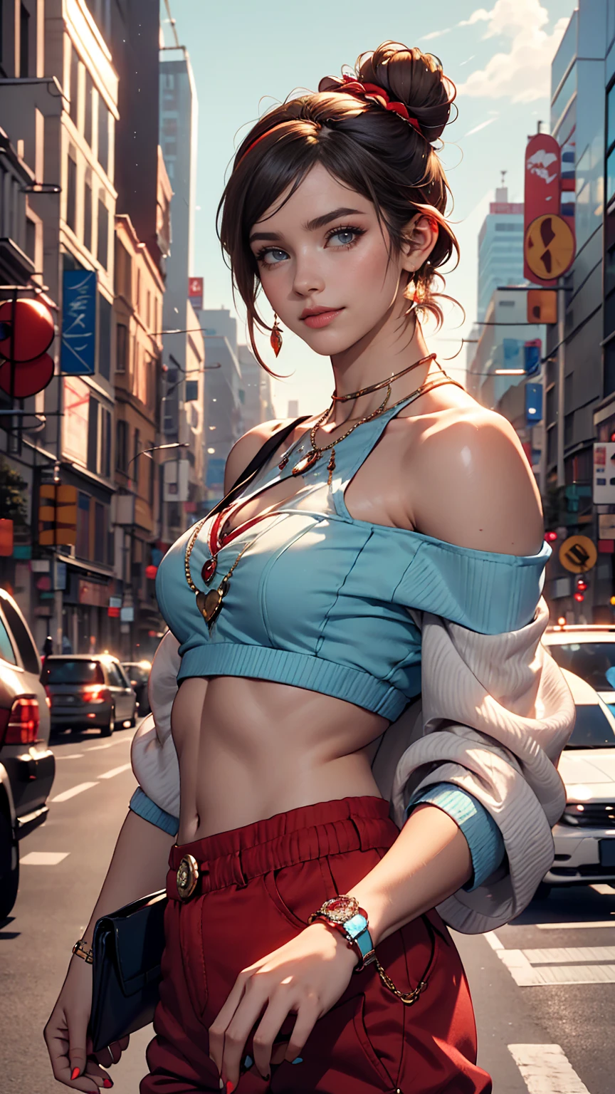 (最high quality, 8K, masterpiece: 1.3, Ultra HD, high quality, 最high quality, High resolution, realism)) 、25-year-old Caucasian female、Brunette、blue eyes、long hair、smile、slim((slim))body shape、I want my head to stay off screen、Wear accessories on your wrist、Wearing red nail polish、I have a peticure、Sheer off-the-shoulder top((shoulder cutout tops))Wear、Sheer Aladdin pants((aladdin pants))Wear、サンダルWear、Carry a shoulder bag on your shoulder、Headband((hairband))、Side-swept chignon((side bun))、Skyscraper background、Waiting for a traffic light at an intersection
