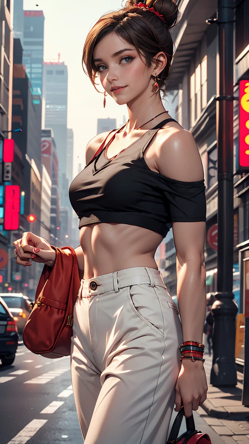 (最high quality, 8K, masterpiece: 1.3, Ultra HD, high quality, 最high quality, High resolution, realism)) 、25-year-old Caucasian female、Brunette、blue eyes、long hair、smile、slim((slim))body shape、I want my head to stay off screen、Wear accessories on your wrist、Wearing red nail polish、I have a peticure、Sheer off-the-shoulder top((shoulder cutout tops))Wear、Sheer Aladdin pants((aladdin pants))Wear、サンダルWear、Carry a shoulder bag on your shoulder、Headband((hairband))、Side-swept chignon((side bun))、Skyscraper background、Waiting for a traffic light at an intersection