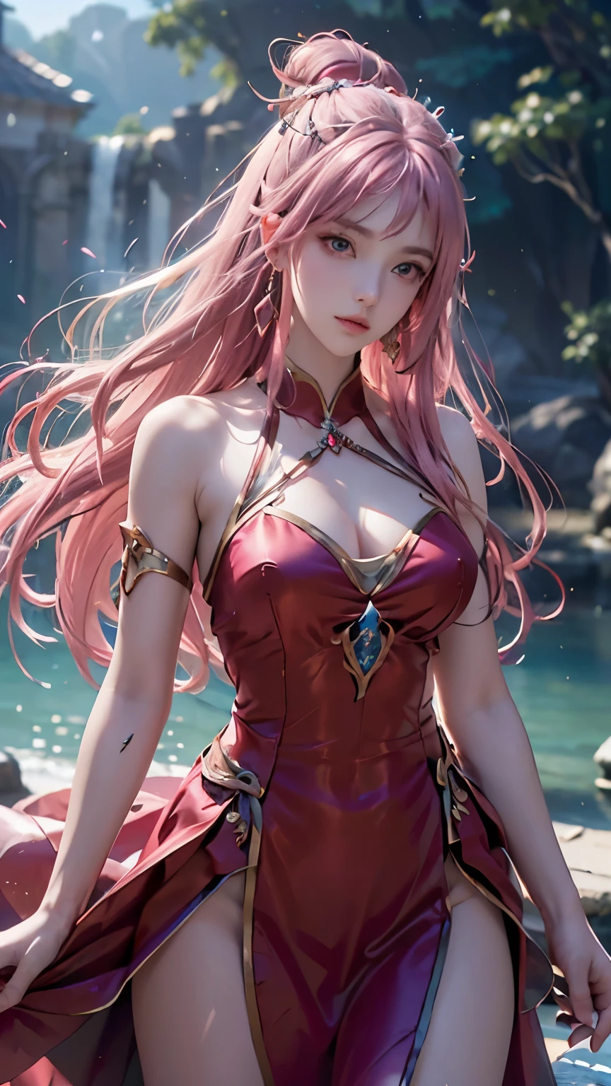 (logo、masterpiece、8k、Tabletop、RAW Photos、wonderful、最high quality、フォトリアルでVery detailedなCG統合8k壁紙、high quality、Very detailed、Narrative poem、Particle Effects、Dynamic Effects、Depth of text、Cinematic Light、Lens flare、Ray Tracing)、Fantasy、(One girl, arms, sword, Long Hair, dress, water, alone, jewelry, red dress, Earrings, hair ornaments, waterしぶき, Ultra-realistic upper body, Hair Bun, Pink Hair, Realistic city background, Lighting,Frank
