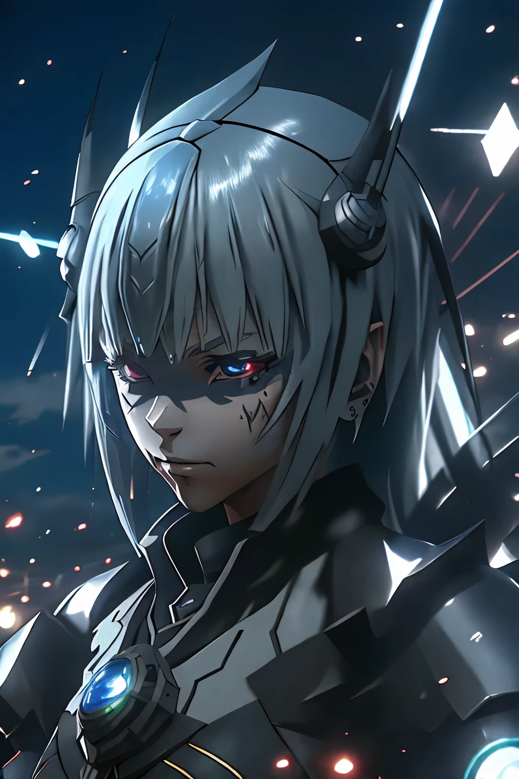 (best quality,highres:1.2), detailed fantasy art, serious expression, robot-like eyes, fighting stance, luminous valentine, tensei shitara slime datta ken, el cabello es plateado, postura de lucha, cuerpo completo, red lens flare, It&#39;s night and there is black lightning in the sky,