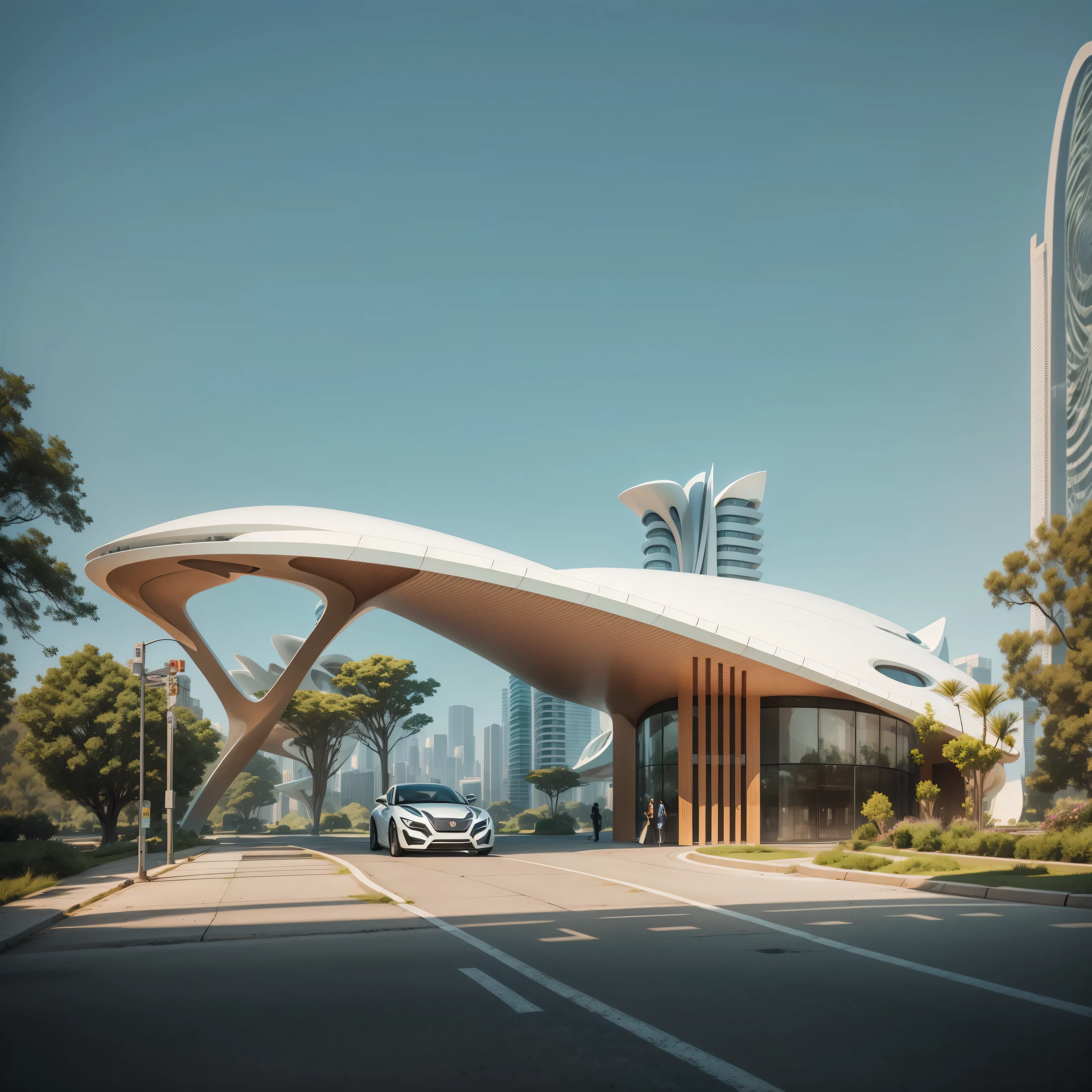 Alafed Arc Building,There is a car parked in front, in style of Zaha Hadid architect, in style of Zaha Hadid, inspired by Zha Shibiao, Web portals. Zaha Hadid, by Zha Shibiao, Zaha Hadid octane highly render, Zaha Hadid style architecture, norman foster style, Zaha Hadid architecture, Inspired by Zaha Hadid