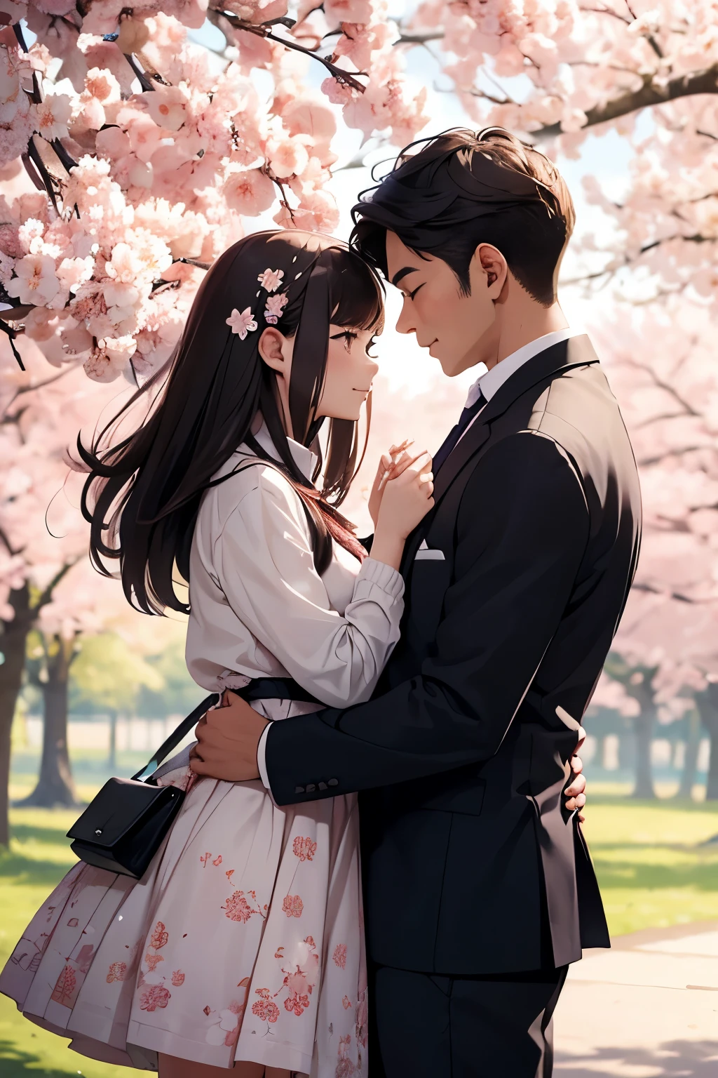 a man and a girl stand hugging each other in a park with cherry blossom trees