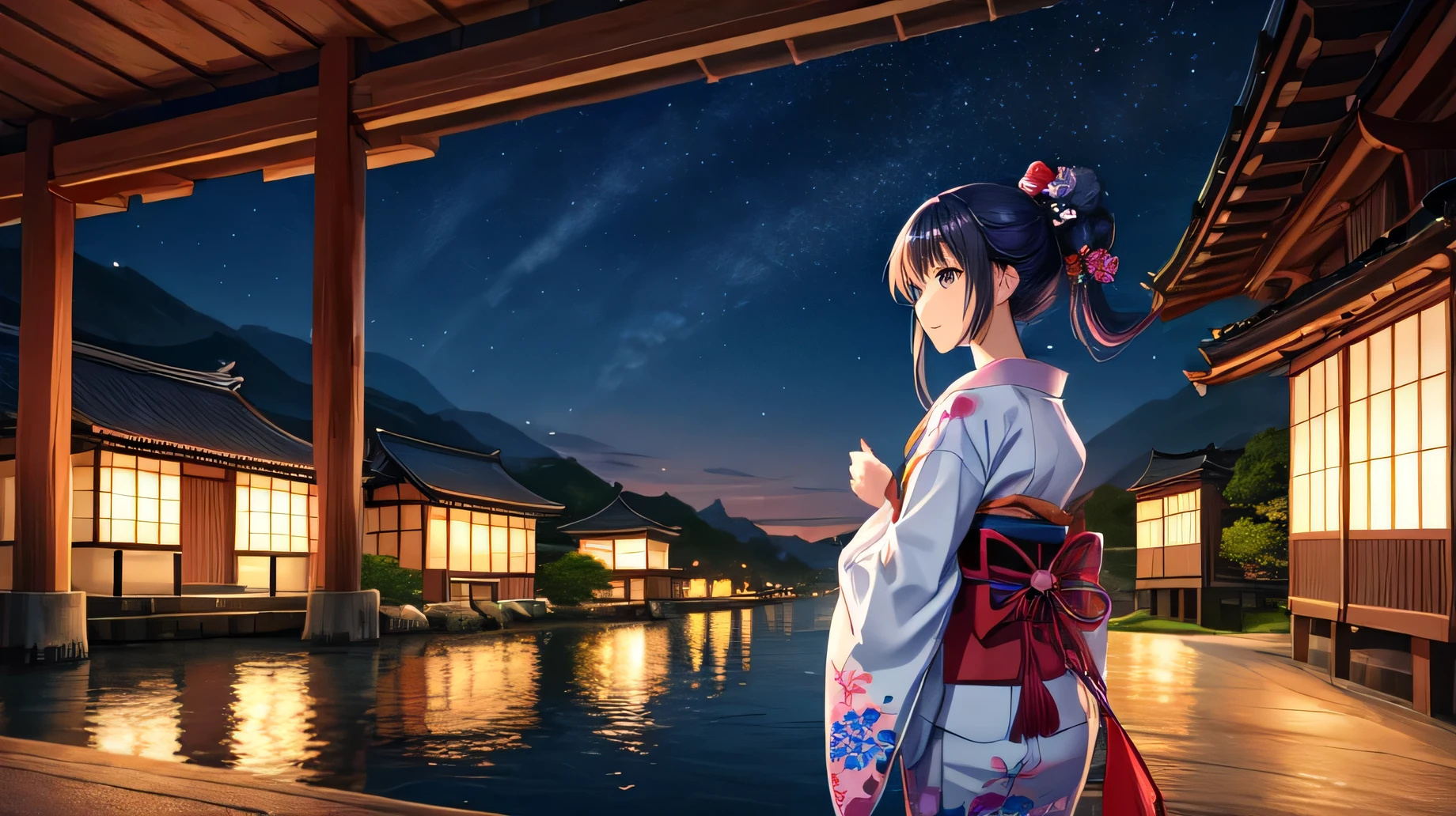 for anime,A beautiful woman in a Japanese kimono is looking at the scenery by the river。night,Wind