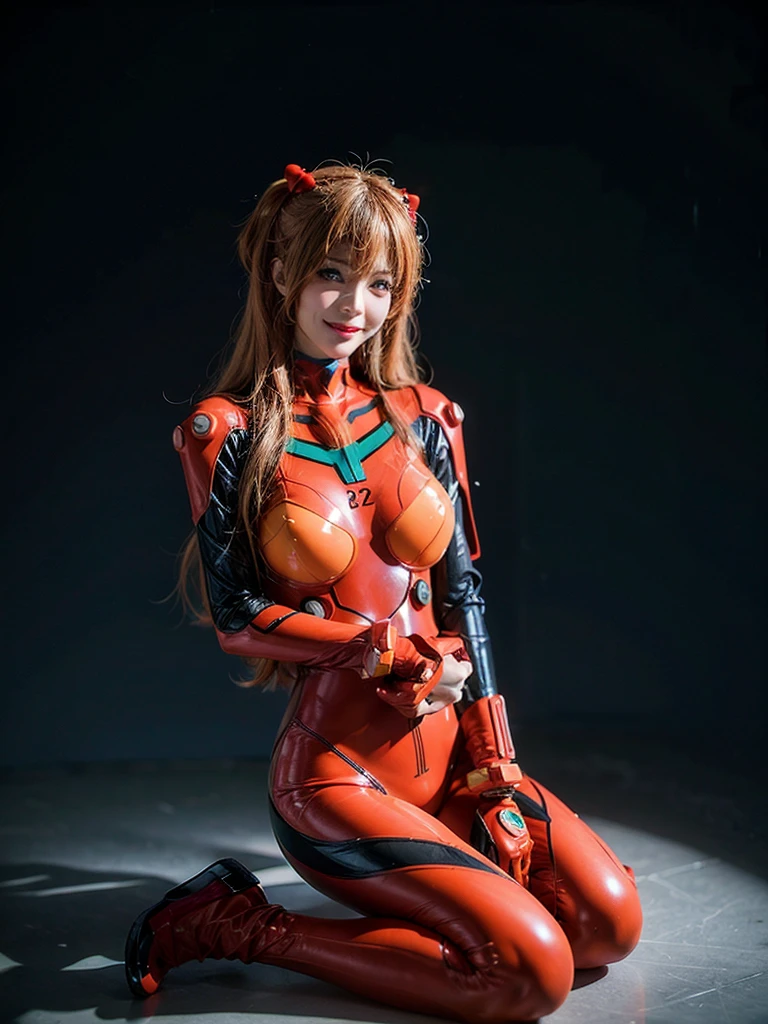 best quality, masterpiece, realistic, photorealistic, 1girl, solo, looking at viewer, full body, wariza, long hair, asuka cosplay costume, cosplay, plugsuit, bodysuit, hair ornament, simple background, Beautiful expression, Beautiful breasts,exy posing,whole body, composition that shows the whole body, smiling,