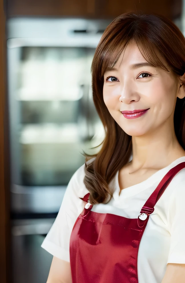 Wearing an apron In the kitchen 45 years old Japanese woman with semi-long brown hair whole body Has a slightly plump figure A woman cooking in an apron with the kitchen in the background Upper Body Personal woman 45 years old semi-long、((brown hair)、semi-long beautiful hair shiny hair Japan( sharpen ), (Purelos Face_v1:0.7), (8K, highest quality), unconscious, Open Eyes,High resolution, original, (Flat Color:0.9),(Colorful:1.1),(masterpiece:1,2), highest quality, masterpiece, High resolution, original, Viewer Perspective, alone, Portrait, Mature Woman Body Set, A slight smile,Natural wrinkles, Wrinkles around the eyes, Surreal, Natural Skin, Natural Hair Color, Bright red lips whole body像