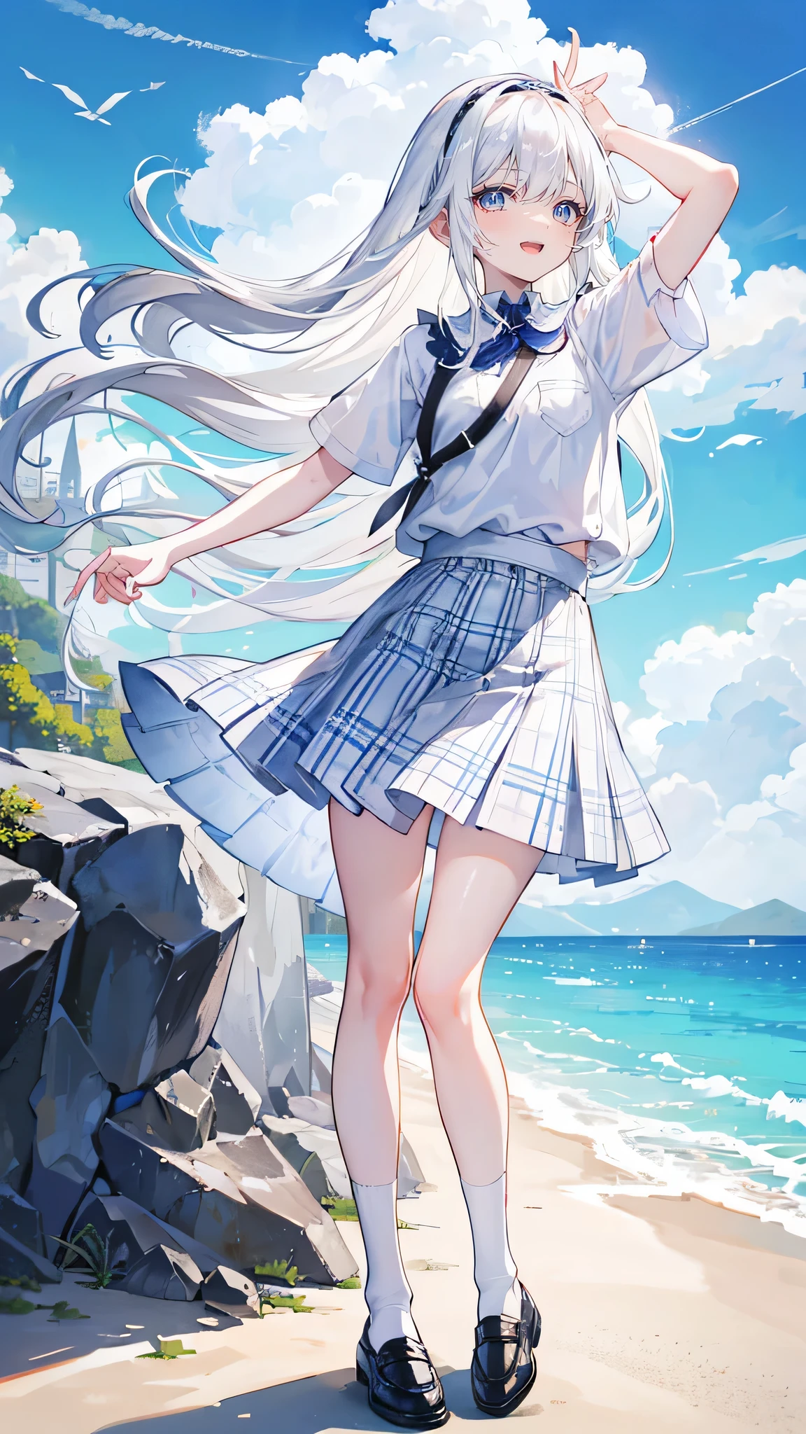 White hair，Long hair，Bangs，Bangs neatly，Hairband，Gray eyes，girl，cute，laughing expression，Happy and happy expression，Lovely，girl，Plaid skirt，Small leather shoes，White socks，whole body，Standing on the ground，Don't show your arms，Background is the beach，Blue sky and white clouds