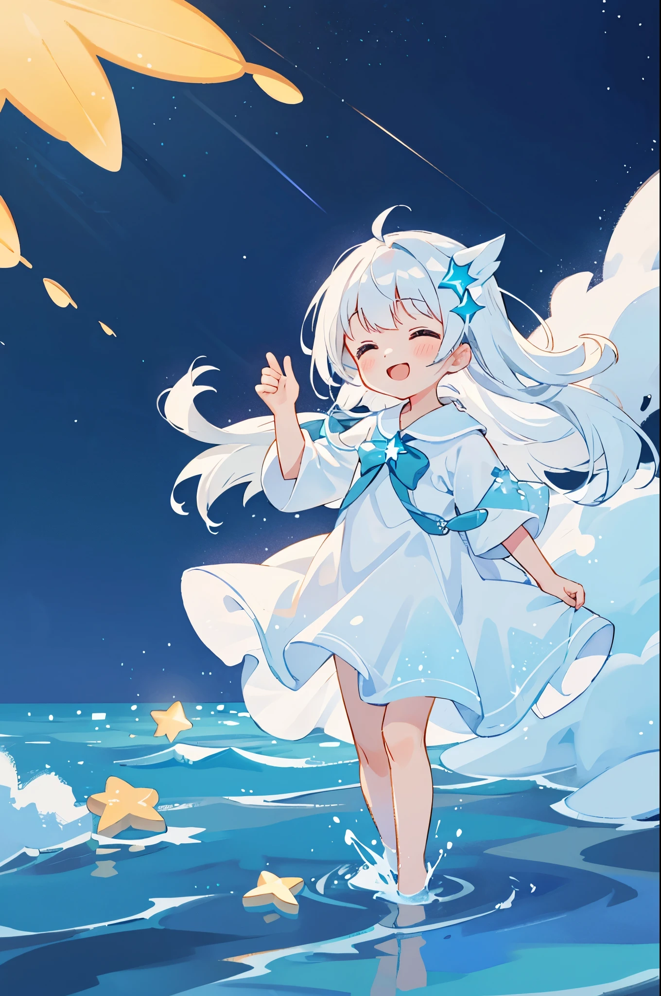 an ocean of stars, wishing stars, (glowing stars), shooting stars night sky, dreamy, endless ocean, colorful, ethereal, charming girl in a white tutu, white hair, walking on the water, Her smile was filled with tenderness and joy