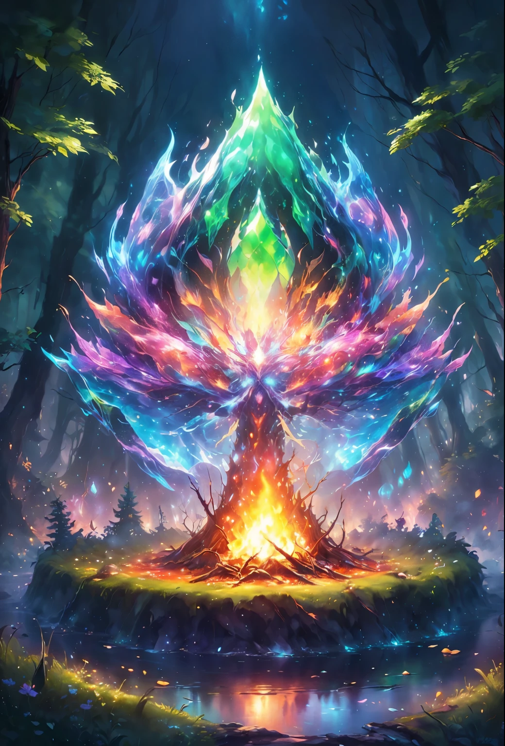 A digital picture，There is a tree in the painting，There is a fire in the middle, holy fire spell art, Elemental guardian of life, Mana flows around, Mana Arts, Colorfull digital fantasy art, Colorful concept art, Epic Fantasy Card Game Art, Symmetrical epic fantasy art, Holy Flame Crown Spell, Fantasy card game art, colorful spell, holy fire spell art, full art