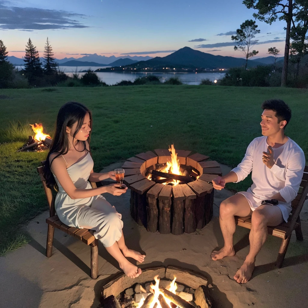 (best quality,4k,8k,highres,masterpiece:1.2),ultra-detailed,realistic,photorealistic:1.37,warmth,cozy,crackling fire,nighttime,enchanting shadows,mysterious atmosphere,sparkling embers,dancing flames,natural heat,wood smoke,sleeping bags,camping chairs,roasting marshmallows,glowing faces,sharing stories,flickering light,campfire stories,friends gathering,stars in the sky,nature's orchestra,tranquil ambiance,moonlit night,night adventure,s'mores,magic in the air,flickering shadows,darkness gradually revealing,unforgettable moments,star-filled sky,frolicking shadows,peaceful retreat,whispering winds,twinkling stars,serene landscape,campsite in the wilderness,nighttime wonders,enjoying nature's beauty,under a starry canopy,crisp night air,crackling logs,picturesque setting,ancient rituals,cosy campfire,connecting with nature,bonfire celebration,celebrating friendship,magical glow.