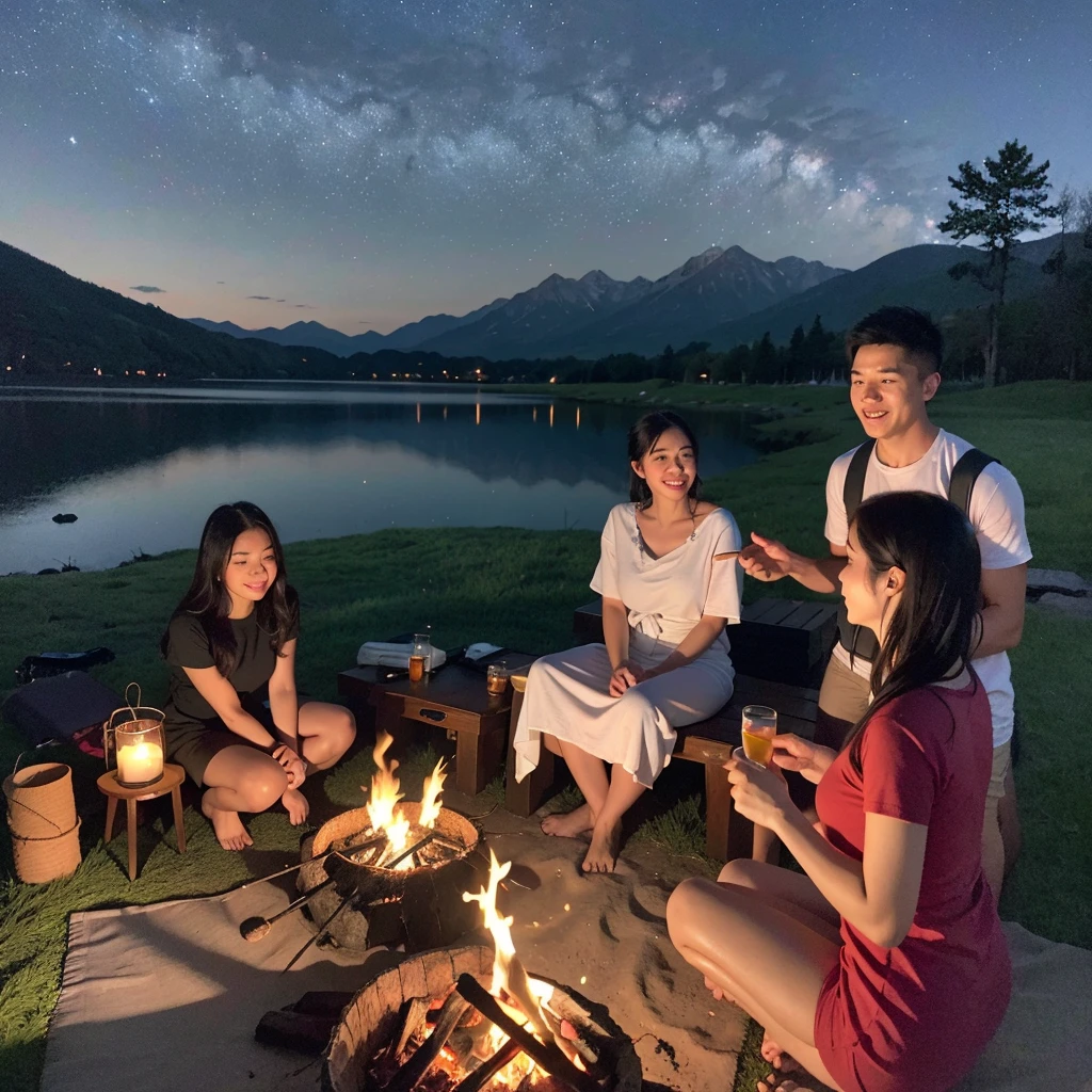 (best quality,4k,8k,highres,masterpiece:1.2),ultra-detailed,realistic,photorealistic:1.37,warmth,cozy,crackling fire,nighttime,enchanting shadows,mysterious atmosphere,sparkling embers,dancing flames,natural heat,wood smoke,sleeping bags,camping chairs,roasting marshmallows,glowing faces,sharing stories,flickering light,campfire stories,friends gathering,stars in the sky,nature's orchestra,tranquil ambiance,moonlit night,night adventure,s'mores,magic in the air,flickering shadows,darkness gradually revealing,unforgettable moments,star-filled sky,frolicking shadows,peaceful retreat,whispering winds,twinkling stars,serene landscape,campsite in the wilderness,nighttime wonders,enjoying nature's beauty,under a starry canopy,crisp night air,crackling logs,picturesque setting,ancient rituals,cosy campfire,connecting with nature,bonfire celebration,celebrating friendship,magical glow.