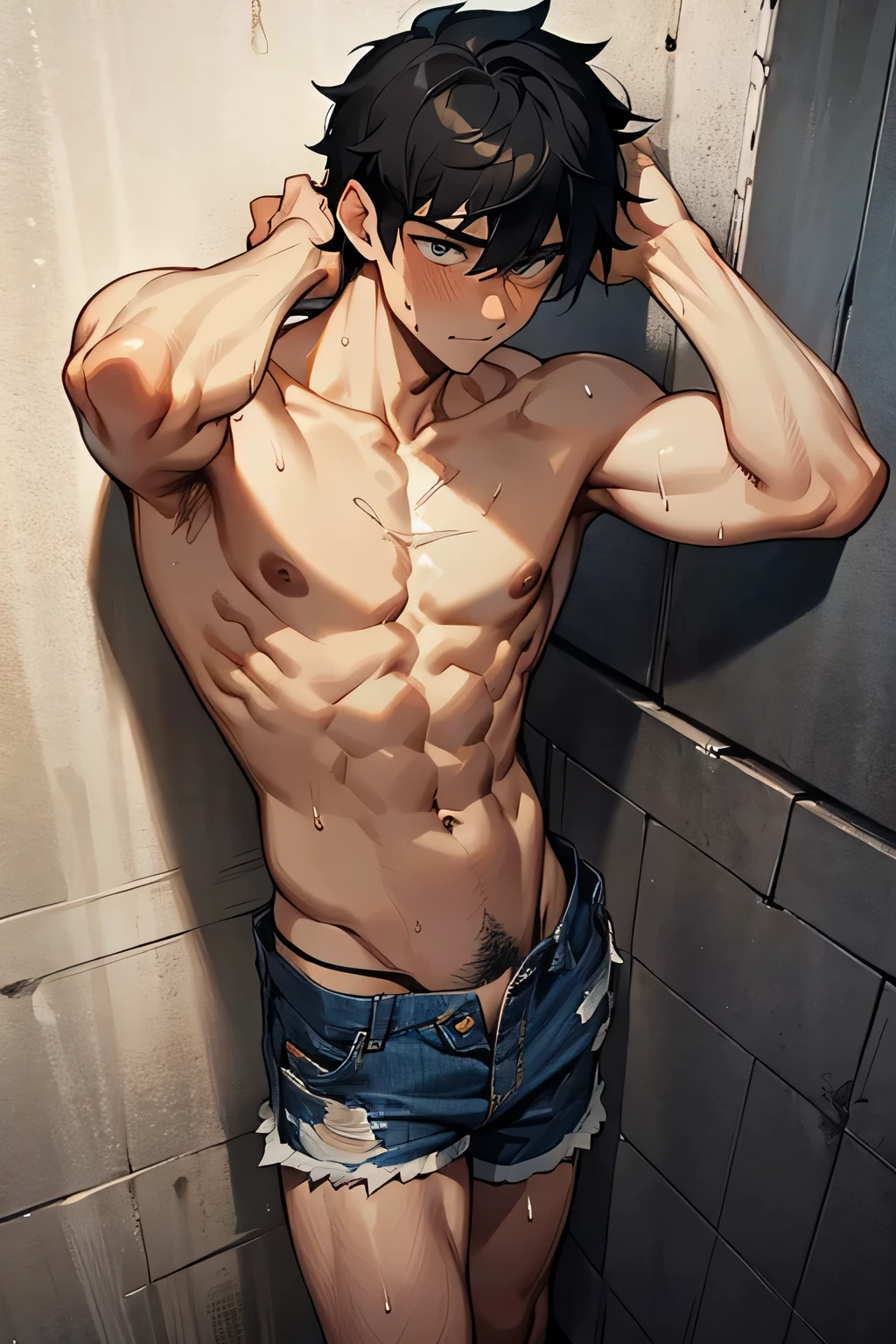 shirtless handsome manly short black hair caucasian male in tattered short jeans and sneakers, shirtless, sweating profusely, drenched with sweat, exhausted, panting, standing on the wall, back against a wall, hands above the head, at home