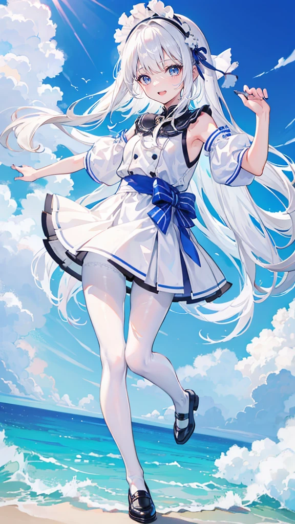 White hair,Long hair,Bangs,Bangs整齐,Hairband,Gray eyes,girl,cute,laughing expression,Happy and happy expression,Lovely,girl,Plaid skirt,Small leather shoes,,whole body,White silk pantyhose,White silk pantyhose,Standing on the ground,Don't show your arms,Background is the beach,Blue sky and white clouds,phone wallpaper