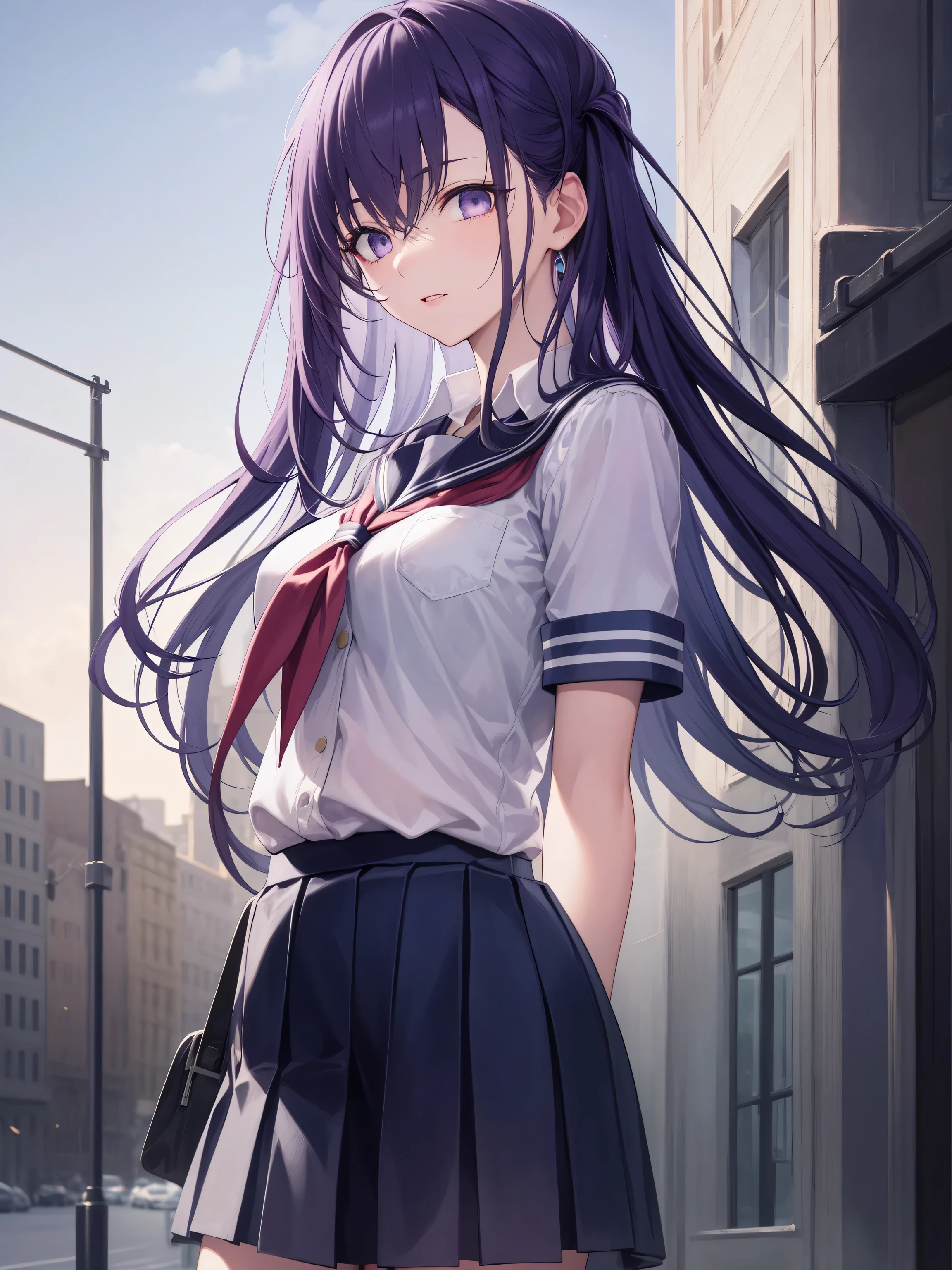 parvati, parvati, long hair, (purple eyes:1.1), purple hair,
BREAK necktie, pleated skirt, , short sleeves, skirt, (u.a. school uniform:1.5),
BREAK looking at viewer,standing, leaning forward, arms behind back,
BREAK outdoors,
BREAK (masterpiece:1.2), best quality, high resolution, unity 8k wallpaper, (illustration:0.8), (beautiful detailed eyes:1.6), extremely detailed face, perfect lighting, extremely detailed CG, (perfect hands, perfect anatomy),