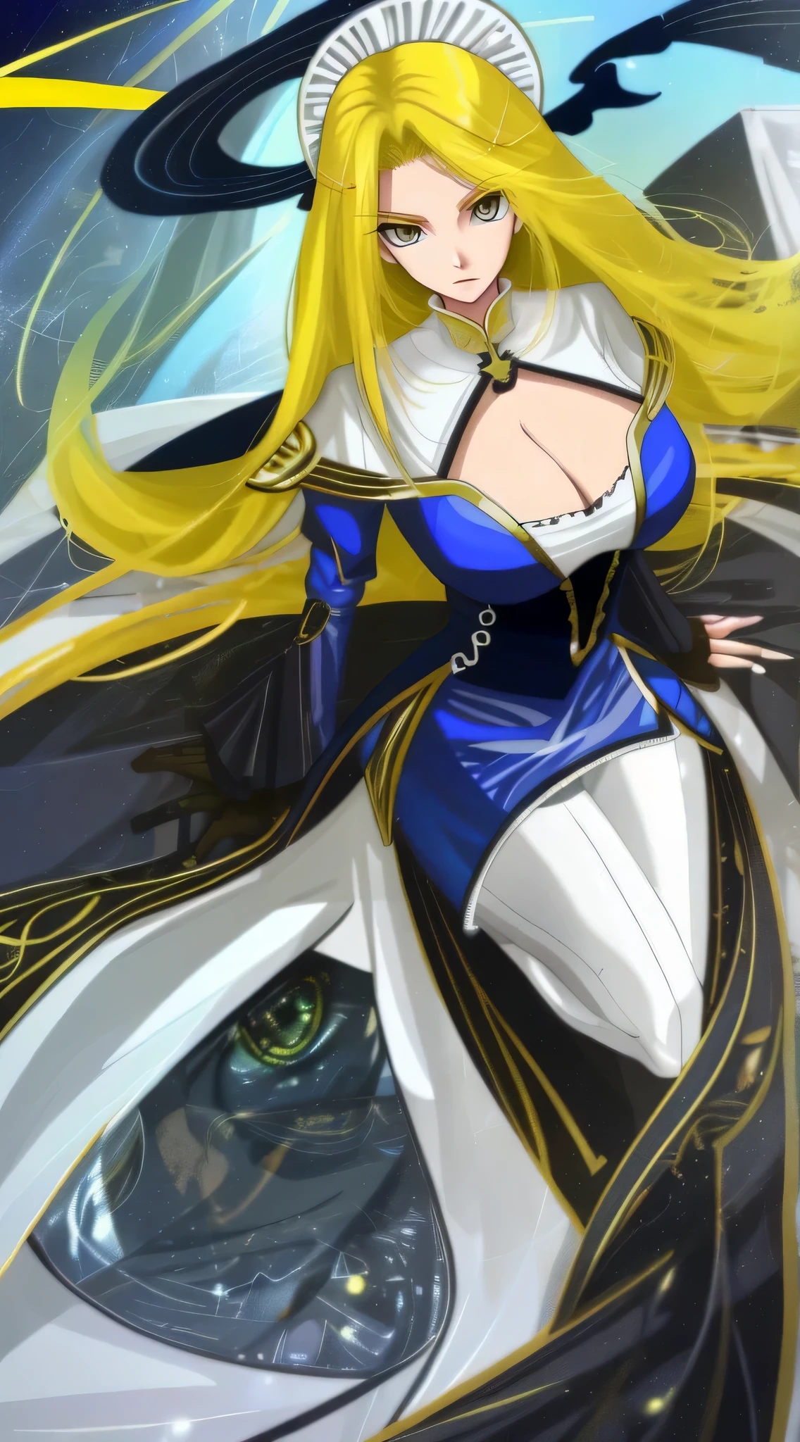 Huge , Sexual turn, yellow hair, blue eyes, One person girl, Long Hair, Colors for girls, large eyes, Huge cleavage,