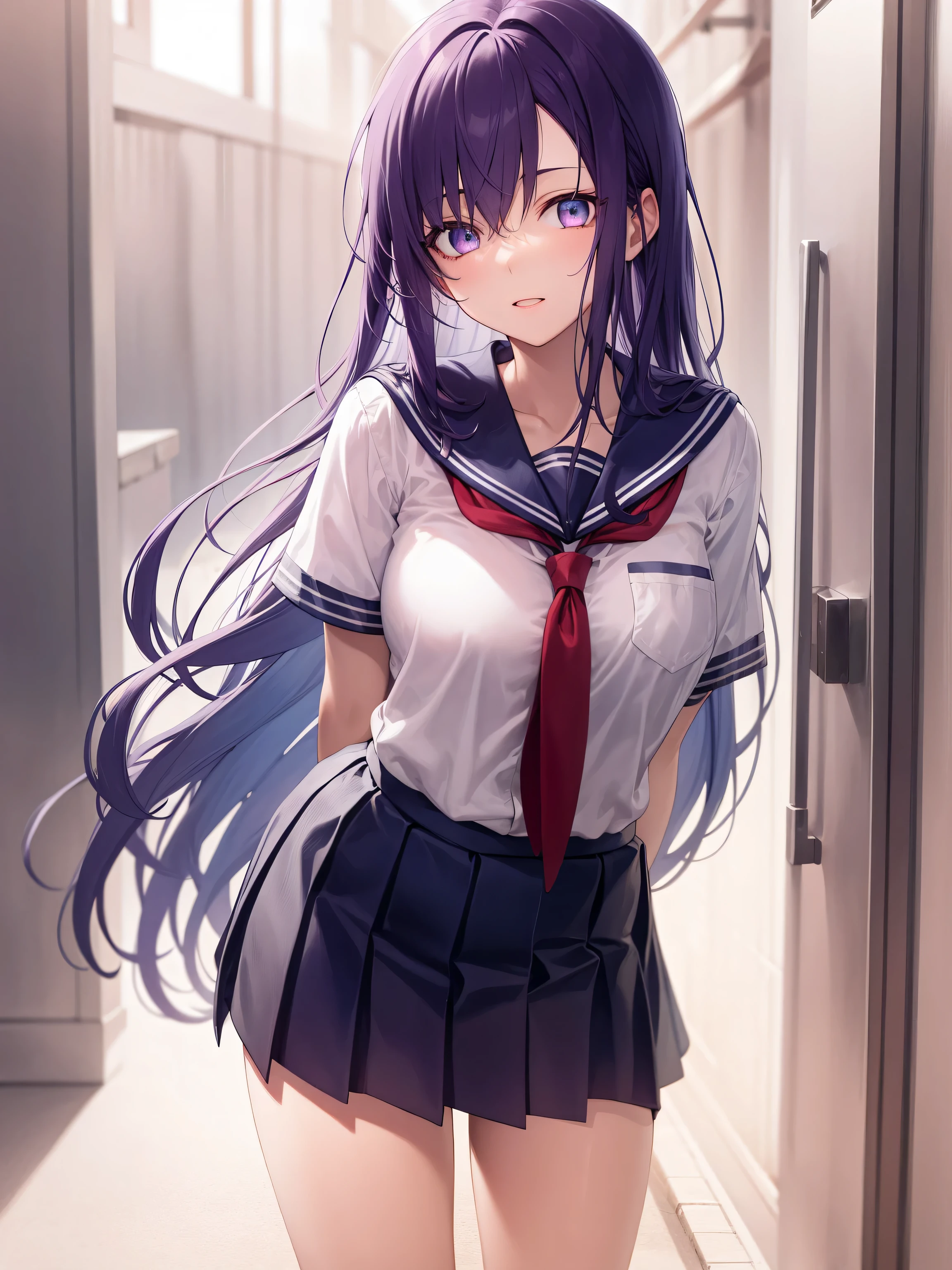 parvati, parvati, long hair, (purple eyes:1.1), purple hair,
BREAK necktie, pleated skirt, , short sleeves, skirt, (u.a. school uniform:1.5),
BREAK looking at viewer,standing, leaning forward, arms behind back,
BREAK outdoors,
BREAK (masterpiece:1.2), best quality, high resolution, unity 8k wallpaper, (illustration:0.8), (beautiful detailed eyes:1.6), extremely detailed face, perfect lighting, extremely detailed CG, (perfect hands, perfect anatomy),